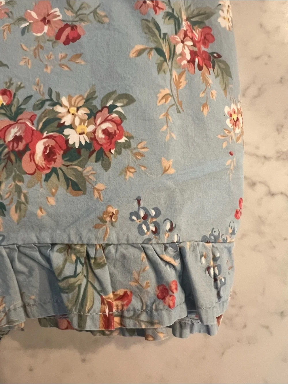 Ralph Lauren Yvette Queen Blue Multicolored Floral Ruffled Flat Sheet USA Made